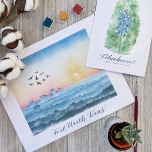 Fort Worth, Texas Collection / Fort Worth Sunrise y Bluebonnet State Flower Watercolor Prints