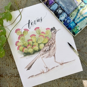 Texas Roadrunner and Blooming Prickly Pear Cactus Watercolor Fine Art Watercolor Print