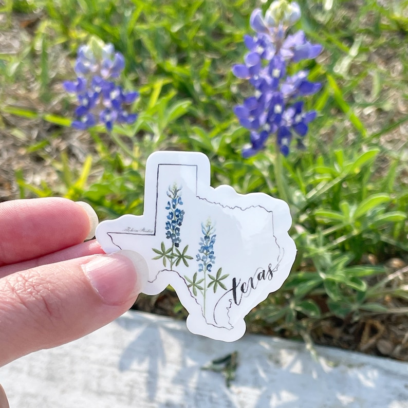 May include: A white sticker in the shape of Texas, featuring a watercolor illustration of bluebonnets and the word "Texas" in script. The sticker is held in a person's hand, with bluebonnet flowers in the background.