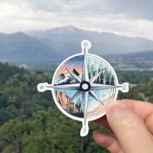Watercolor Compass Rose Waterproof Vinyl Sticker, Regional Landscapes of America Sticker, Adventure Sticker, Waterbottle Sticker
