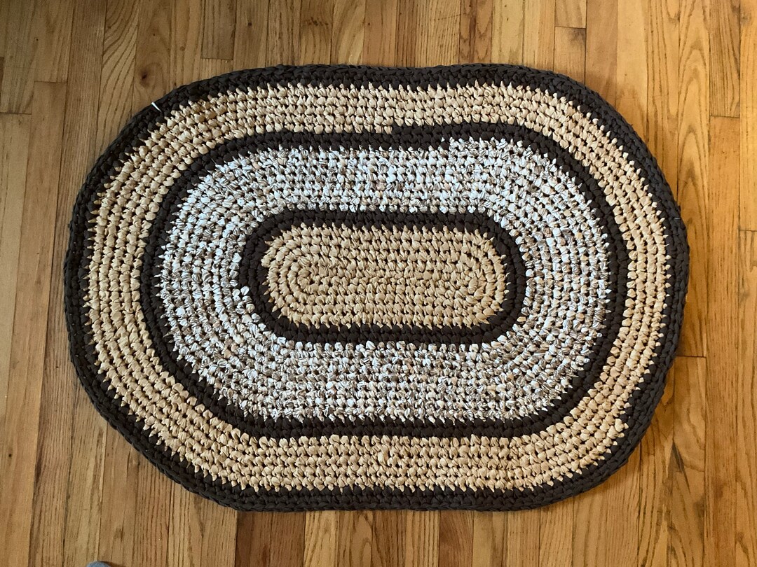 Handmade Crocheted Rag Rug in Carmel, Brown, Cream and Brown Print ...