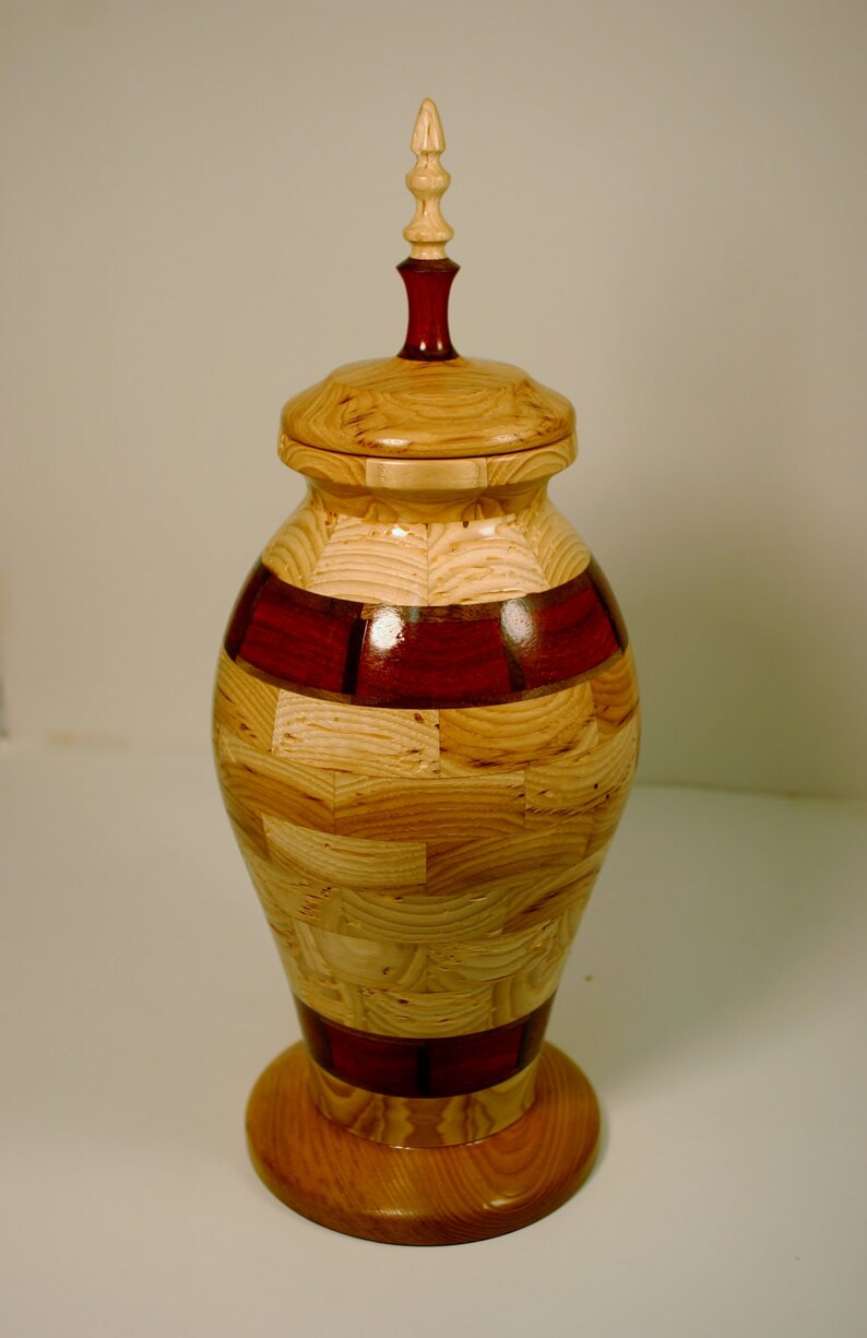 This Hand Made Segmented Wooden Urn is Made of Wormy Hickory,paduak