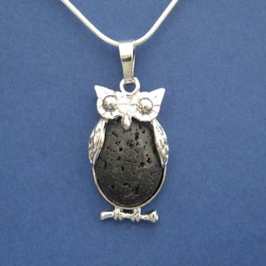 Könnte beinhalten: Silberfarbene Eulen-Anhänger-Halskette mit einem schwarzen, porösen Steinkörper. Das Eulen-Design weist detaillierte Flügel, Augen und eine Sitzstange auf. Die Halskette hat eine einfache Silberkette, vor blauem Hintergrund.
