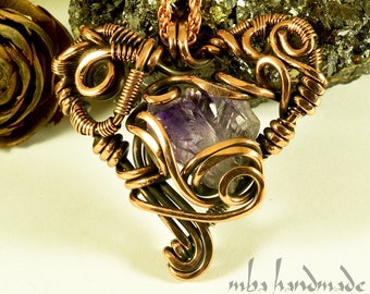 Corazón único de amatista Crystal Point colgante de alambre de cobre antiguo envuelto joyería artesanal