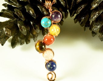 7 Chakra Pendant - Pure Copper Wire Wrapped - Rainbow Chakra Necklace - Yoga Necklace - Boho Jewelry