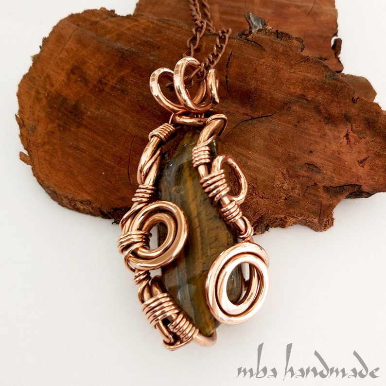 Tumbled Tiger/'s Eye Crystal Necklace Antiqued Copper Wire Wrapped Pendant Artisan Handcrafted Vintage Natural Gemstone by MBA Handmade