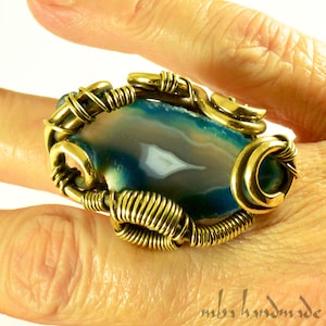 Blue Agate Crystal Brass Wire Wrapped Ring Size 7-8-9 Adjustable Handmade Artisan Unique Jewelry