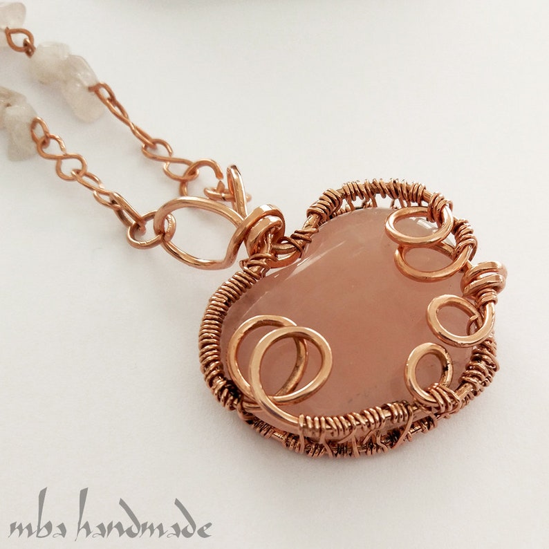 Rose Quartz Crystal Heart Pendant Copper Wire Wrapped Handcrafted Necklace Natural Gemstone by MBA Handmade Crystal Healing