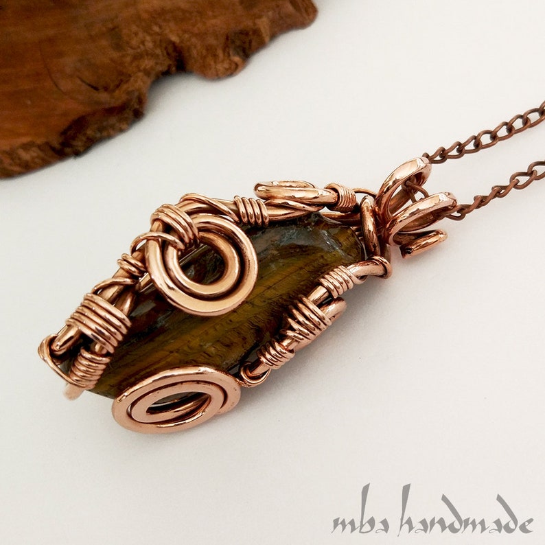 Tumbled Tiger/'s Eye Crystal Necklace Antiqued Copper Wire Wrapped Pendant Artisan Handcrafted Vintage Natural Gemstone by MBA Handmade