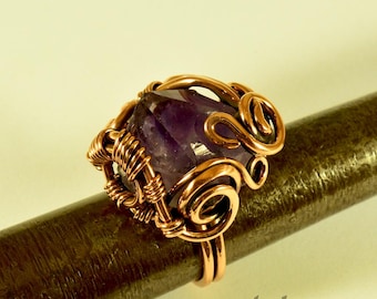 Amethyst Crystal Copper Wire Wrapped Ring Size 9.25 US Natural Raw Gemstone Artisan Unique Jewelry