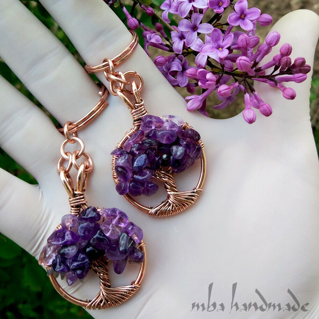 Amethyst Crystals Tree of Life Keychain keyring Crystal Healing Natural Gemstones Copper Wire