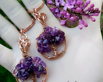 Amethyst Tree of Life Keychain: Copper Wire Wrapped Crystal Keyring