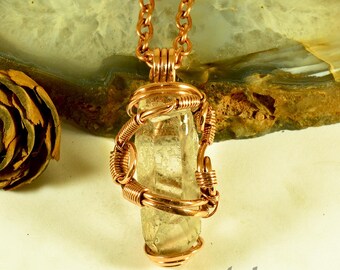 Quartz Crystal Point Copper Wire Wrapped Pendant Handcrafted Necklace + Handmade Chain