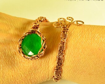 Brazalete de cobre con alambre envuelto: curación con cristales de jade verde