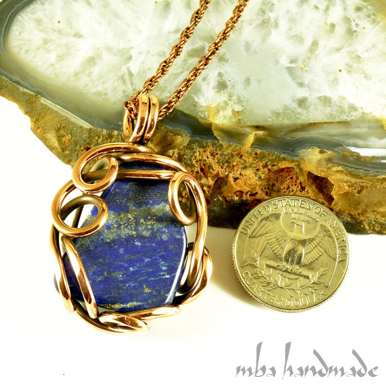 Lapis Lazuli Crystal Antiqued Copper Wire Wrapped Pendant Artisan Handcrafted Jewelry