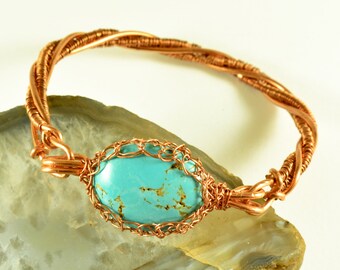 Mujeres turquesa cristal alambre envuelto cobre brazalete natural piedra preciosa cristal curativo joyería
