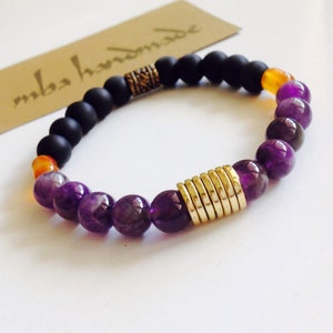 Men&#39;s Amethyst - Onyx - Carnelian Authentic Gemstone Beaded Bracelet by mba handmade