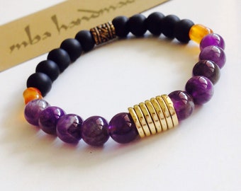 Amatista de los hombres - ónix - Carnelian Authentic Gemstone Beaded Bracelet de mba hecho a mano