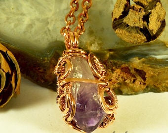Colgante de cristal de amatista con alambre de cobre puro y cadena hecha a mano