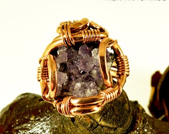 Amatista cristal cobre alambre envuelto tamaño anillo 8.5 natural crudo piedras preciosas artesanía joyería única