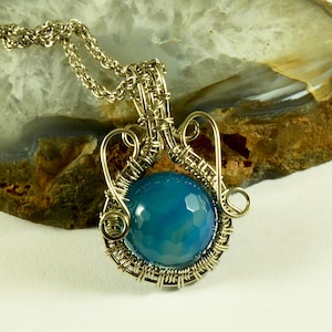 Blue Agate Crystal Necklace German Silver Wire Wrapped Pendant Artisan Handcrafted Vintage Natural Gemstone