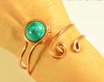 Women's Turquoise Crystal Copper Wire Wrapped Cuff Bracelet Natural Gemstone Crystal Healing Jewelry
