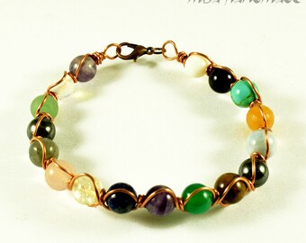 Pulsera Chakra alambre de cobre puro envuelto joyería hecha a mano - Pulsera Reiki - Cristales mixtos