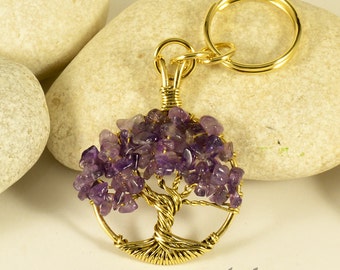 Amethyst Crystal Tree of Life Keychain: Brass Wire Wrapped Gemstone Keyring
