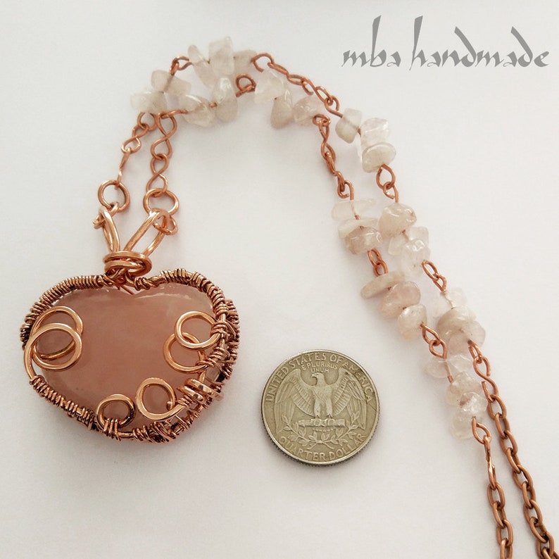 Rose Quartz Crystal Heart Pendant Copper Wire Wrapped Handcrafted Necklace Natural Gemstone by MBA Handmade Crystal Healing