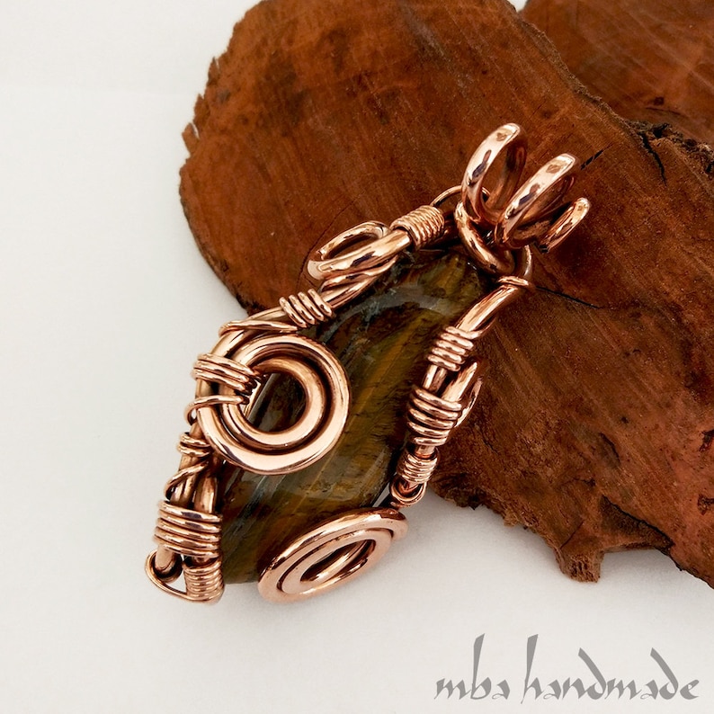 Tumbled Tiger/'s Eye Crystal Necklace Antiqued Copper Wire Wrapped Pendant Artisan Handcrafted Vintage Natural Gemstone by MBA Handmade