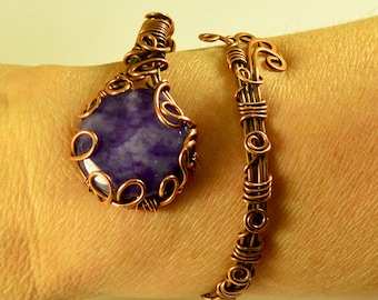 Pulsera de cobre con alambre envuelto: curación con cristales de ágata morada