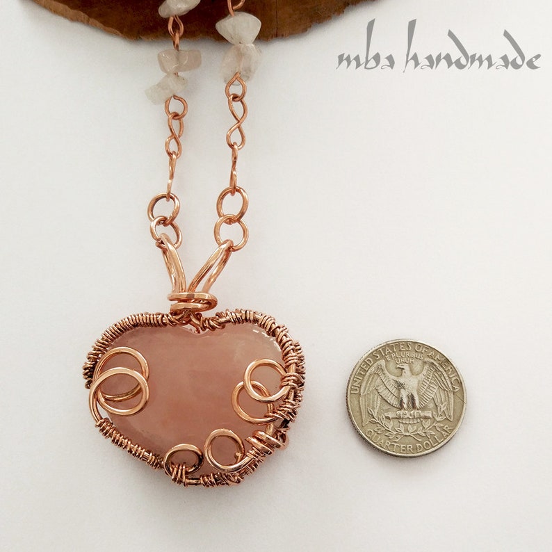 Rose Quartz Crystal Heart Pendant Copper Wire Wrapped Handcrafted Necklace Natural Gemstone by MBA Handmade Crystal Healing