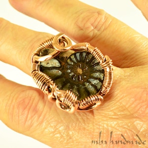 Ammonite Fossil Crystal Solid Copper Wire Wrapped Ring Size 8.75 Natural Gemstone Unique Artisan Jewelry