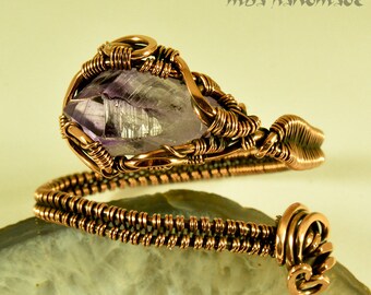 Cristal de amatista Pulsera de manguito de cobre antiguo Alambre envuelto Joyería Natural Gemstone Crystal Healing