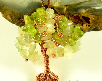Peridot & Aventurine Crystals Pure Copper Wire Wrapped Tree Of Life Pendant Handcrafted Unique Artisan Jewelry