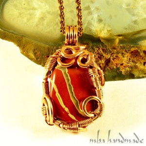 Red Jasper Crystal Pure Copper Wire Wrapped Pendant Handcrafted Unique Artisan Jewelry