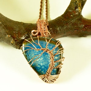 Blue Agate Crystal Bonsai Tree of Life Pendant Pure Copper Wire Wrapped Unique Jewelry