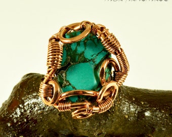 Variscite Crystal Pure Copper Wire Wrapped Ring Size 10 (US) Handmade Artisan Unique Jewelry