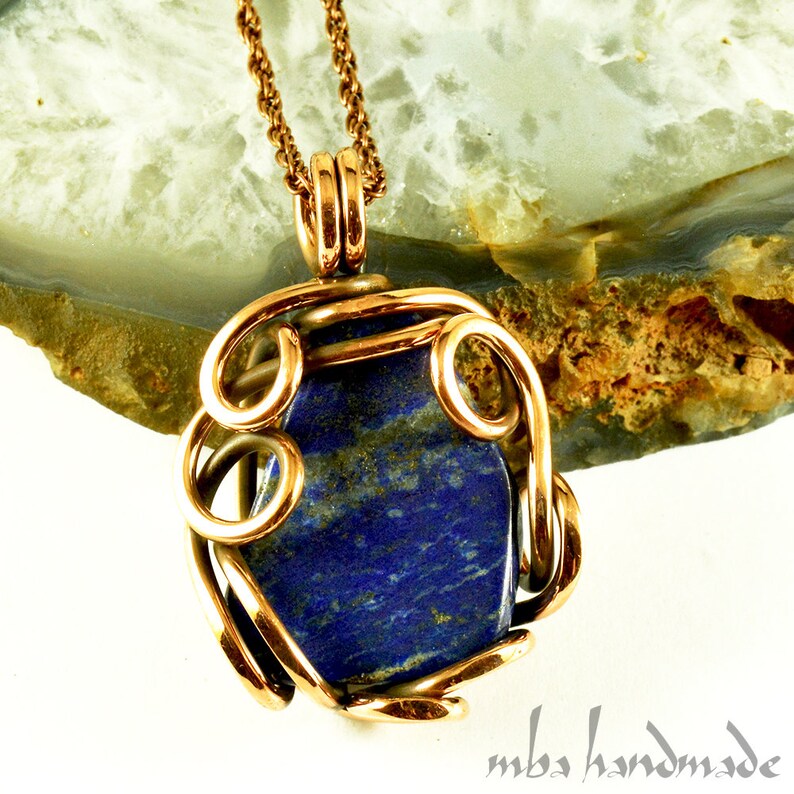 Lapis Lazuli Crystal Antiqued Copper Wire Wrapped Pendant Artisan Handcrafted Jewelry