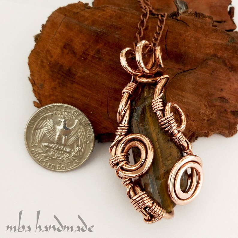 Tumbled Tiger/'s Eye Crystal Necklace Antiqued Copper Wire Wrapped Pendant Artisan Handcrafted Vintage Natural Gemstone by MBA Handmade