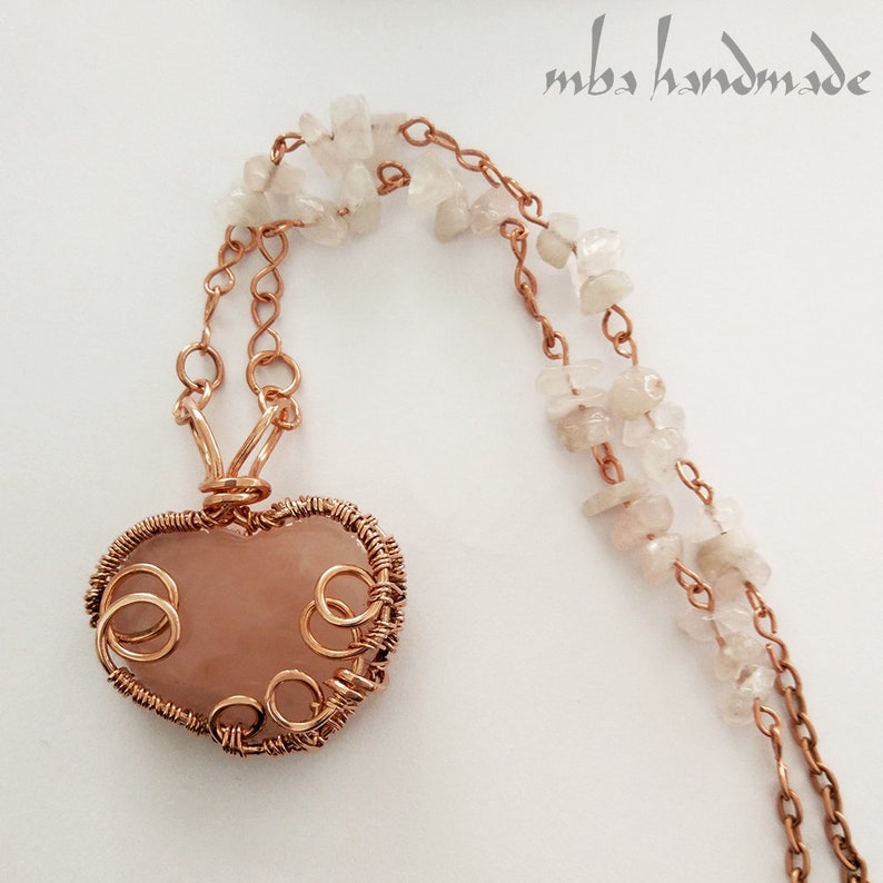 Rose Quartz Crystal Heart Pendant Copper Wire Wrapped Handcrafted Necklace Natural Gemstone by MBA Handmade Crystal Healing