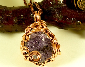 Amatista cristal antiguo alambre de cobre envuelto colgante joyería artesanal hecha a mano