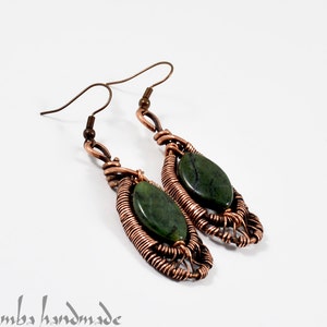 Handmade African Jade Dangle Earrings: Antiqued Copper Wire Wrapped