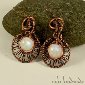 Handmade Rainbow Moonstone Earrings: Antiqued Copper Wire Wrapped Jewelry