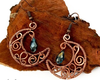 Handmade Crescent Moon Copper Wire Earrings: Antiqued Boho Jewelry