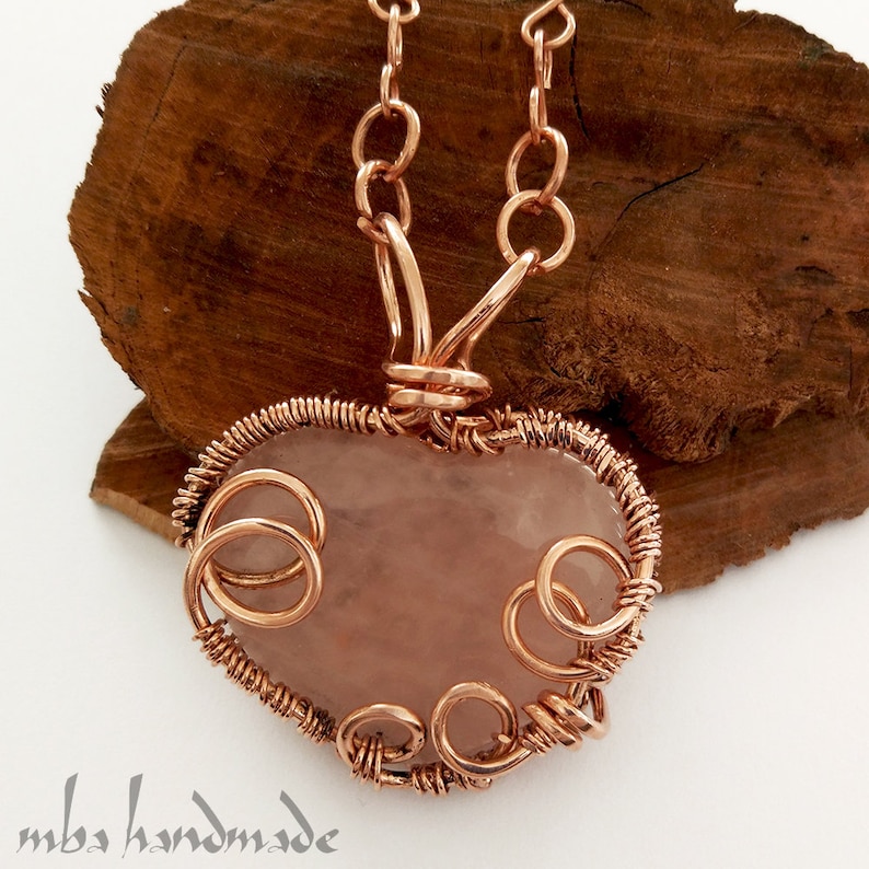 Rose Quartz Crystal Heart Pendant Copper Wire Wrapped Handcrafted Necklace Natural Gemstone by MBA Handmade Crystal Healing