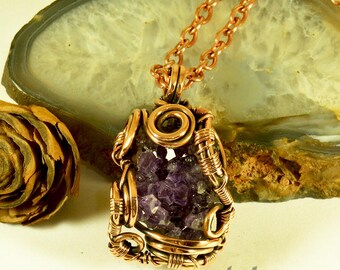 Colgante de cristal de amatista con alambre de cobre puro y cadena hecha a mano