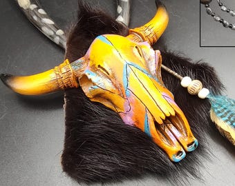 Bull Skull Pendant Necklace: Labradorite, Hematite & Bone Beads