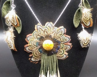 Feather Adornment Necklace and Earrings with Fossilized Sea Urchin and Leather Fringe