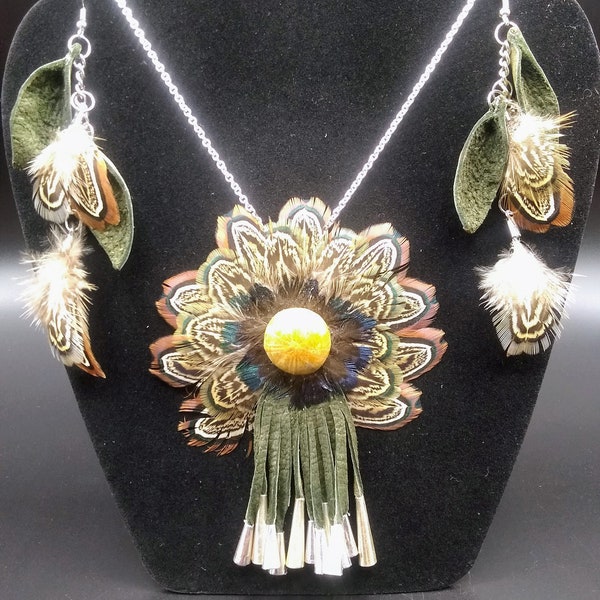 Feather Adornment Necklace and Earrings with Fossilized Sea Urchin and Leather Fringe